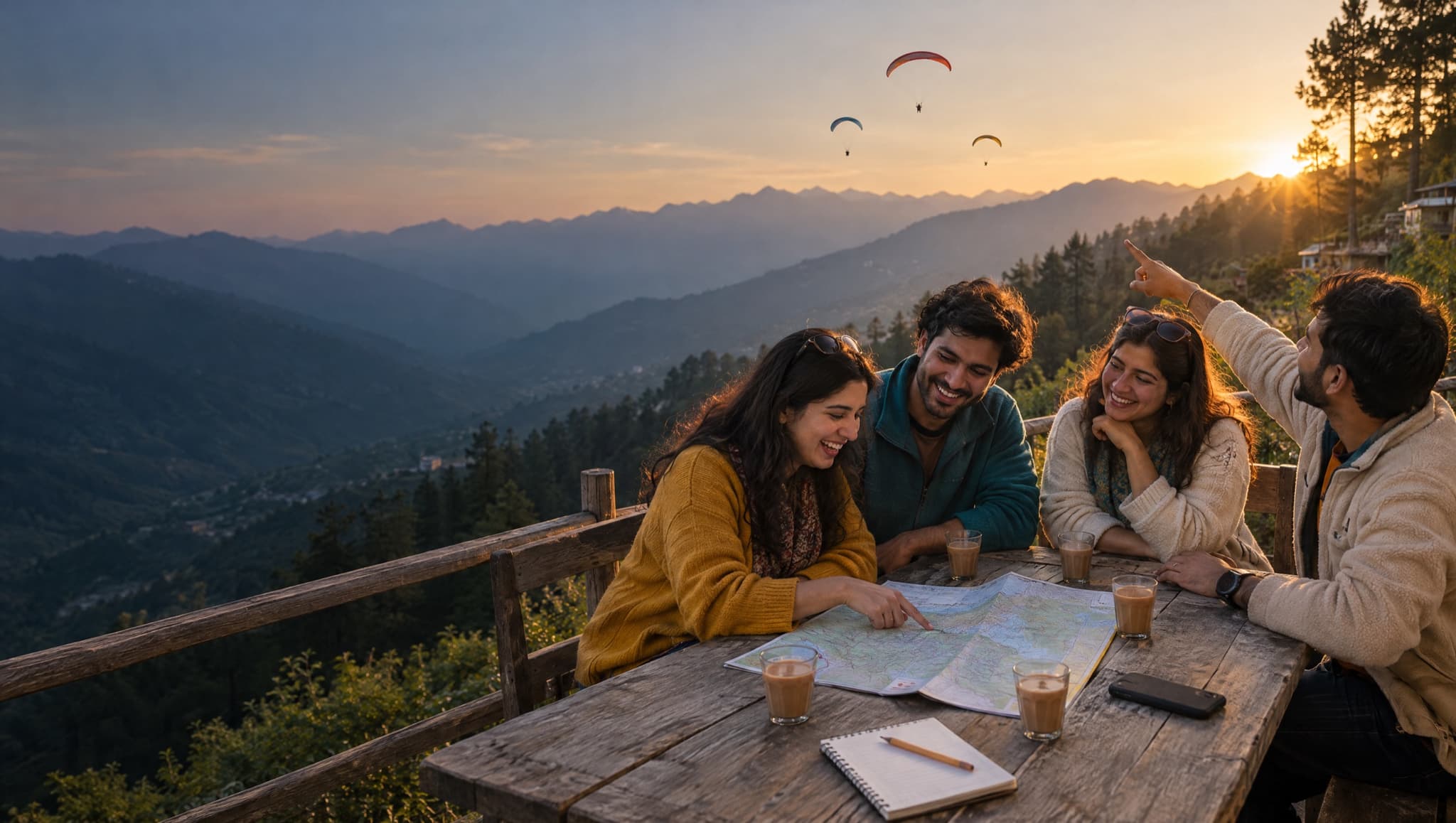Four friends plan a trip over chai and a map on a café terrace in Bir, with paragliders in the evening sky