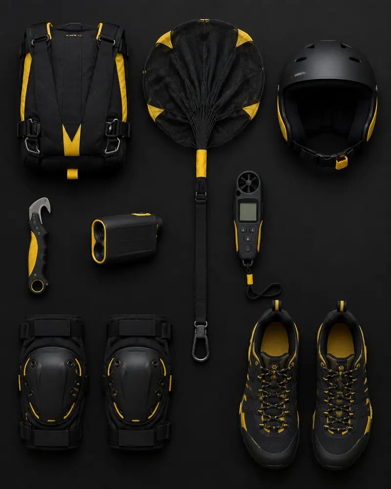 BASE jumping gear laid out: base container, pilot chute, helmet, hook knife, laser rangefinder, wind meter