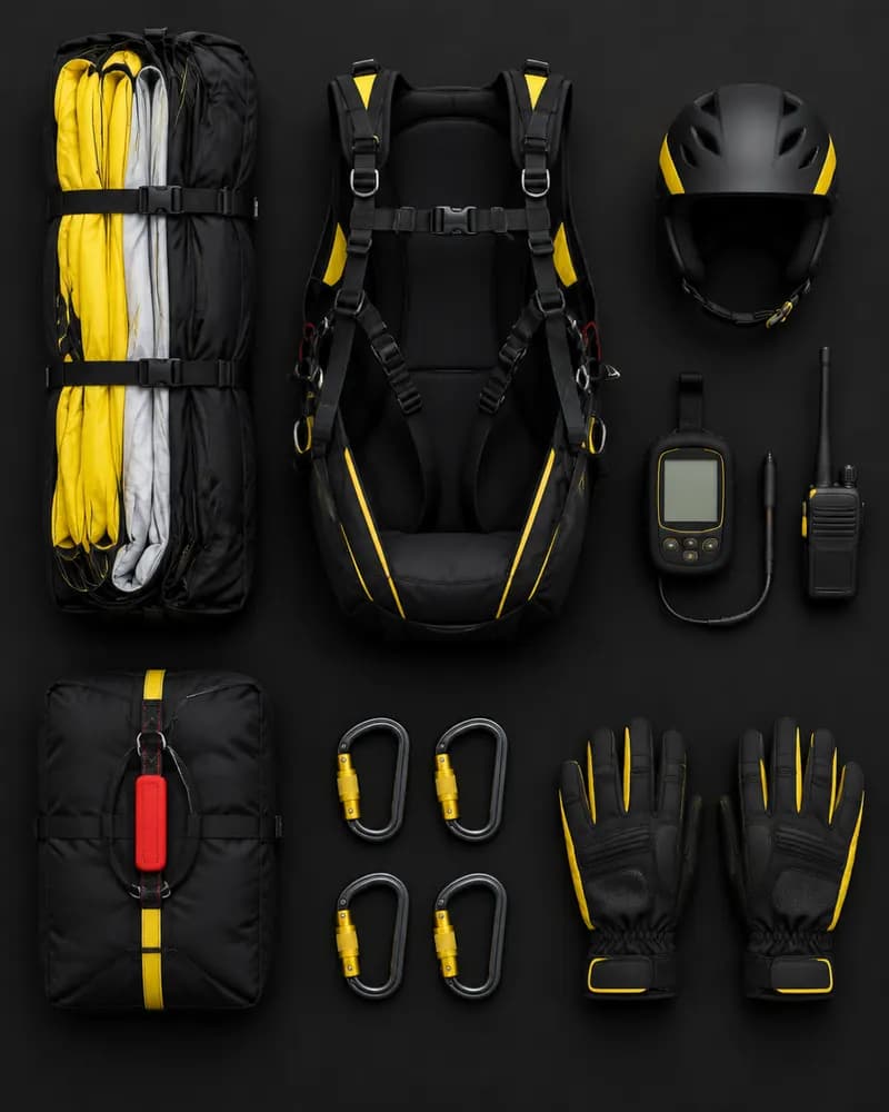 Paragliding gear laid out: wing, lines & risers, harness, reserve parachute, helmet, variometer, windsock, radio