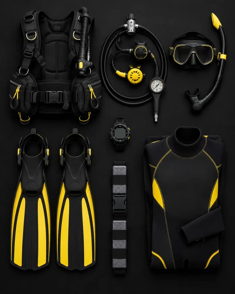 Scuba diving gear laid out: bcd & cylinder, regulator set, mask & snorkel, fins, dive computer, wetsuit, weight belt