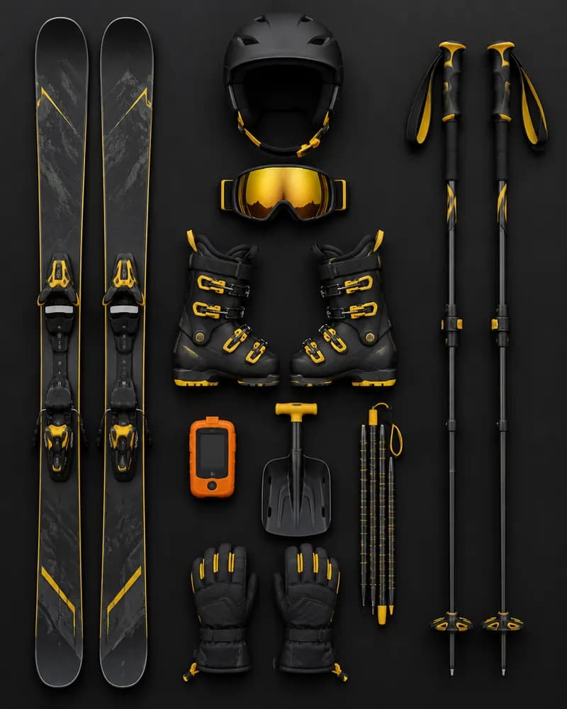 Skiing gear laid out: skis & bindings, ski boots, helmet, goggles, poles, avalanche beacon, probe & shovel