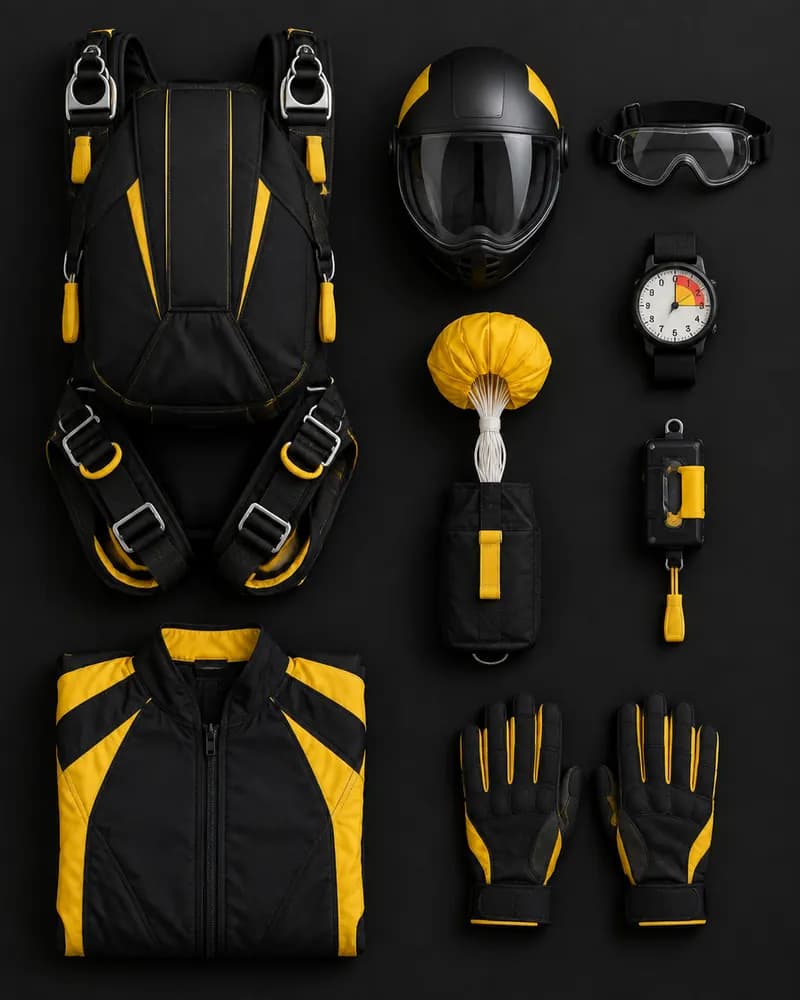 Skydiving gear laid out: harness & container, pilot chute & bag, aad, altimeter, helmet, jumpsuit