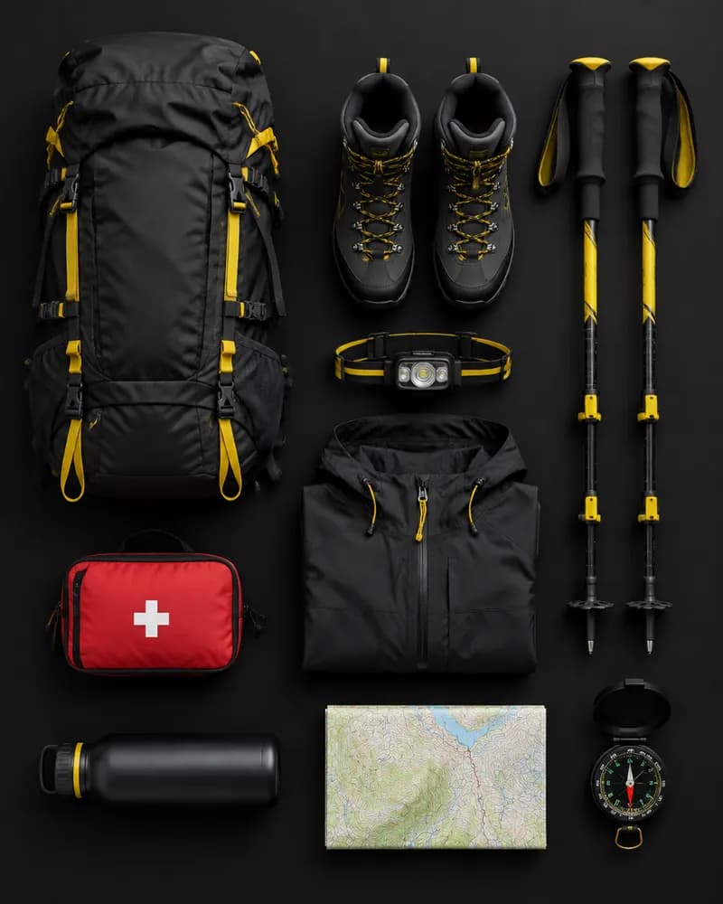 Trekking gear laid out: backpack, trekking boots, trekking poles, headlamp, layers & shell, first-aid kit, water