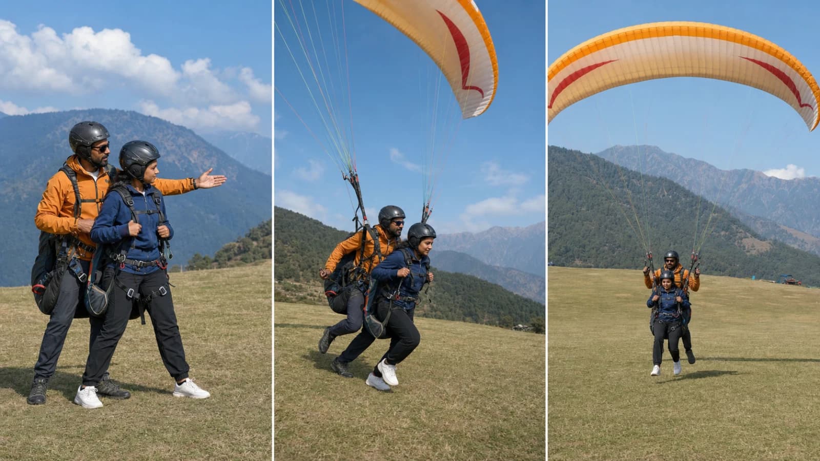 Three-stage tandem paragliding sequence showing the launch briefing, a committed forward run and an upright landing approach
