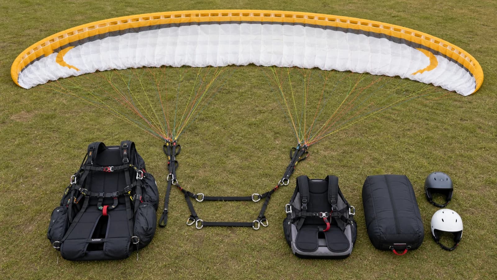 A tandem paragliding wing, suspension lines, risers, spreaders, pilot and passenger harnesses, reserve container and helmets arranged for inspection